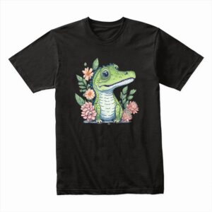 Bella Canvas 3001c Cotton T shirt Black 00226 Cute Little Baby Happy Crocodile With Flowers