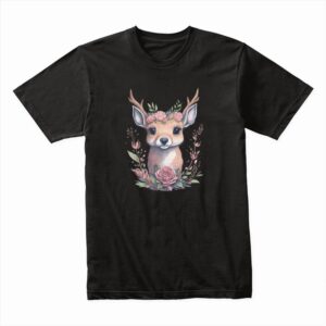 Bella Canvas 3001c Cotton T shirt Black 00227 Cute Little Baby Happy Deer With Flowers