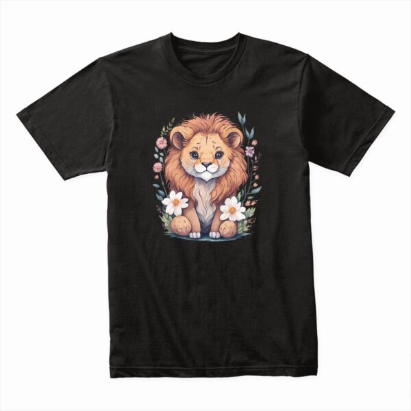 Bella Canvas 3001c Cotton T shirt Black 00228 Cute Little Baby Happy Lion With Flowers