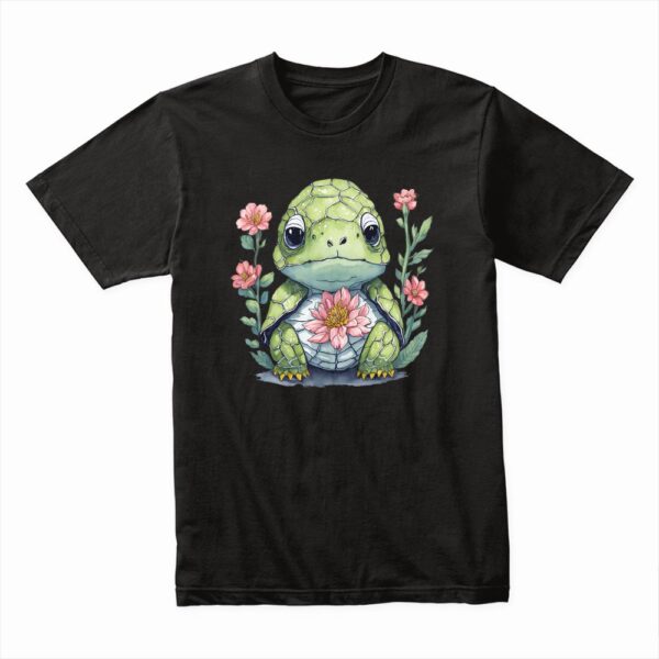 Bella Canvas 3001c Cotton T shirt Black 00232 Cute Little Baby Happy Turtle With Flowers