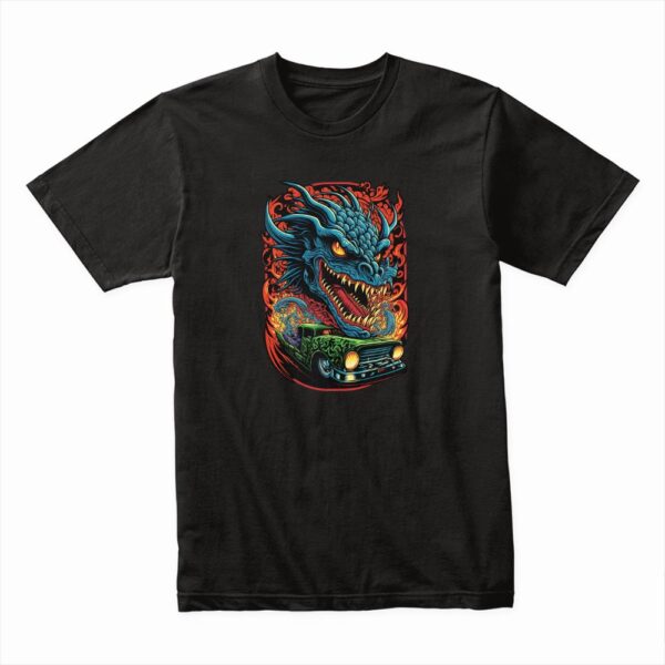 Bella Canvas 3001c Cotton T shirt Black 00271 Illustration Of Hot Rod Retro Green Car And Angry Dragon