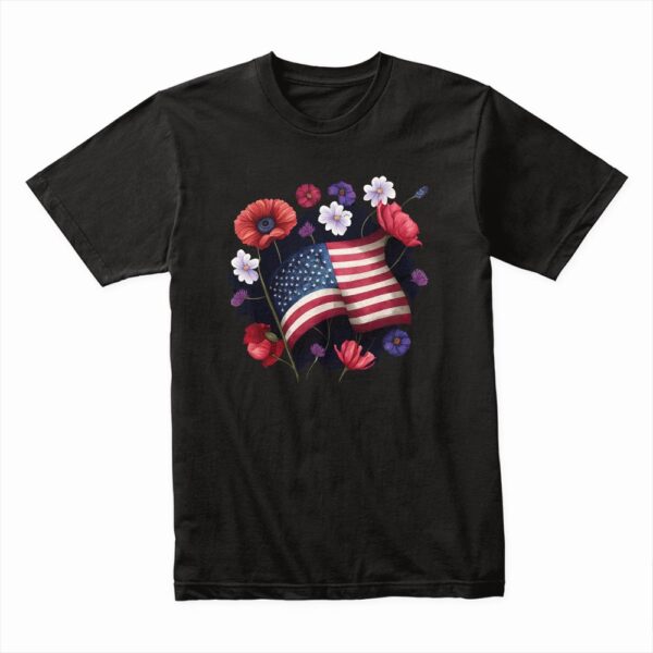 Bella Canvas 3001c Cotton T shirt Black 00274 American Flag With Poppies And Flowers