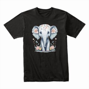 Bella Canvas 3001c Cotton T shirt Black 00279 Baby Happy Elephant With Flowers