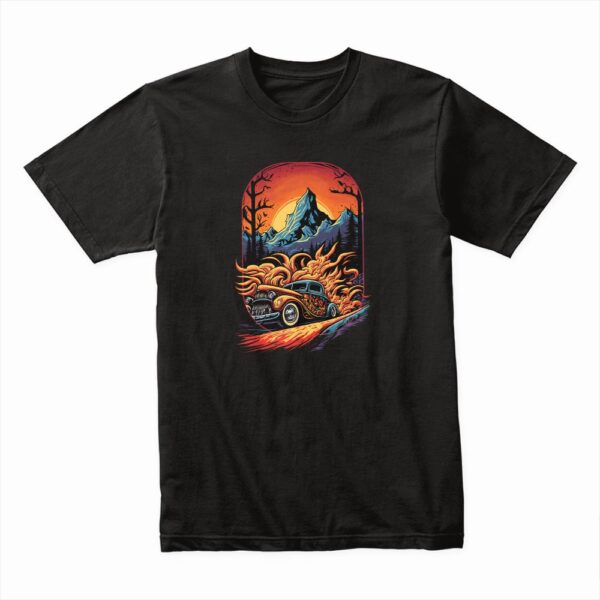 Bella Canvas 3001c Cotton T shirt Black 00297 Hot Rod Flames Illustration Of Retro Car In The Mountains